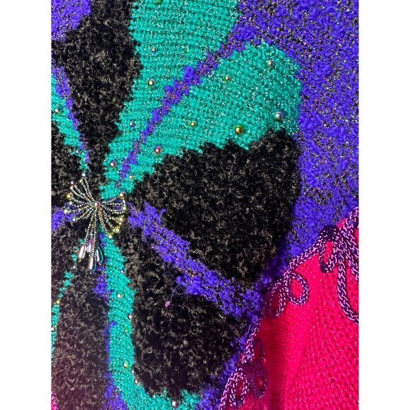 Vintage Jaclyn Smith Beaded Sweater M Fuchsia Black Green Purple Acrylic Nylon - Picture 10 of 11